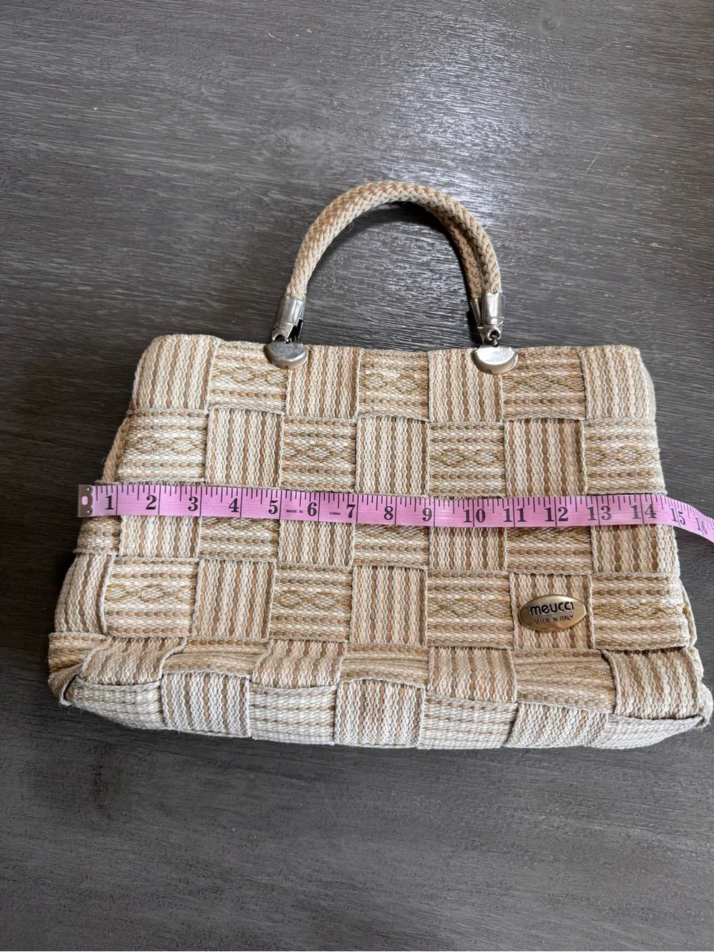 Meucci Italian Woven Shoulder HandBag Purse Tan Gold